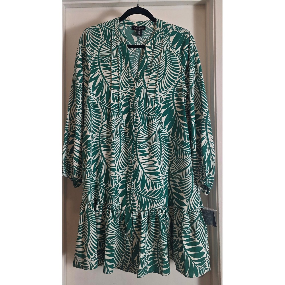Green White Palm Leaf Print Button Down Mini Dress Long Sleeve  Cottagecore M